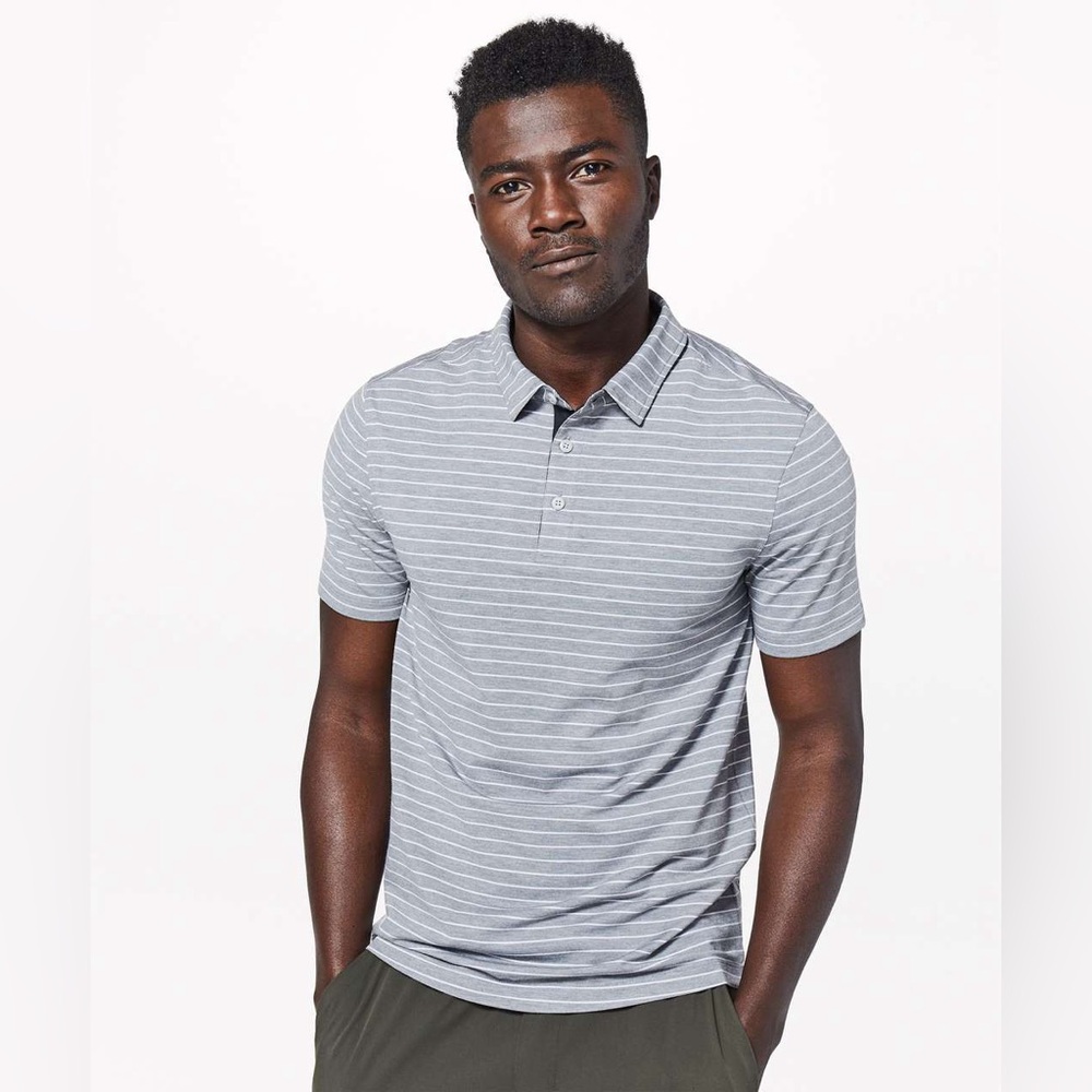Lululemon Men Gray Bunker Stripe Heathered White Battleship
Evolution Polo